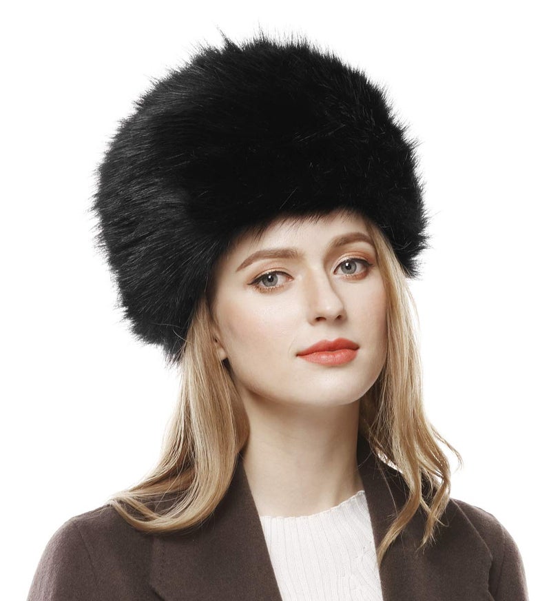 Lovful Winter Women Faux Fur Russian Cossack Style Hat Winter Wrap Hat,Black,One Size - Image 1